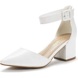 Women's White/Pu Pointed Toe Heels with Ankle Strap and 2.25 Inch Block Heel